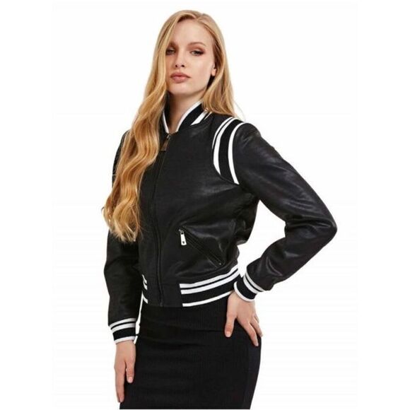 Guess Grazia Bomber Jacket In Jet Black- Striped rib-knit trim size M - Picture 1 of 8